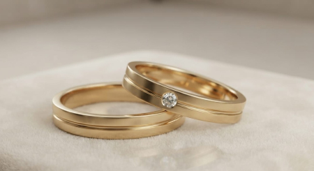 bijuterii aur - Verighete din Aur Galben 14K cu Linie Mediană și ZIRCONIU Încrustat Bezel