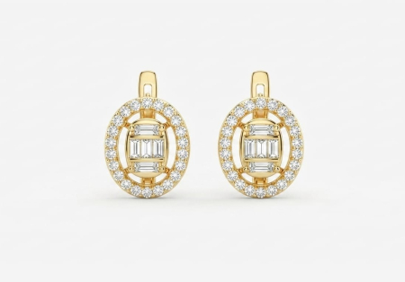 Cercei aur 14k - Cercei Damă din Aur 14K cu Pietre Zirconiu, Model Oval Halo cu Tăietură Baguette, 15 mm