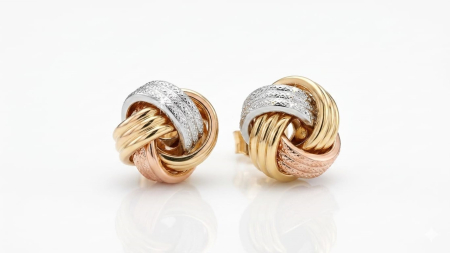 Cercei aur 14k surub - Descriere Produs: Cercei Trinitas din Aur Tricolor 14K „Love Knot” cu Textură Diamantată