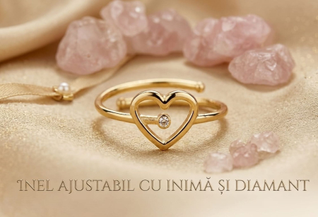 Inel argint 925 - Inel Ajustabil din Argint 925 Placat cu Aur – Model Inimă și Diamant Cubic Zirconia