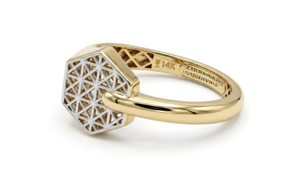 Inele aur 14k - Inel Architectural din Aur Bicolor 14K cu Element Hexagonal în Stil Origami / Filigran Geometric