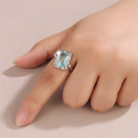 Inel Argint 925 „Aquamarine Dream” – Cristal Emerald Cut și Design Texturat [2]