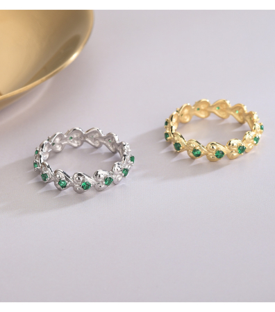 Inel argint 925 - Inel Argint 925 Placat cu Aur – Șirag de Inimi cu Zirconiu Verde