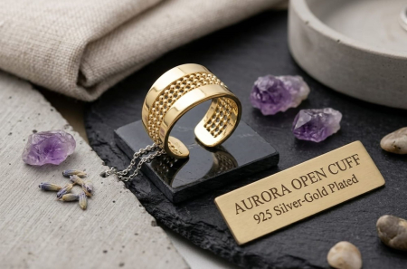 Inel argint 925 - Inel Argint 925 Reglabil Aurora Open Cuff – Placat cu Aur Galben și Textură Granulată