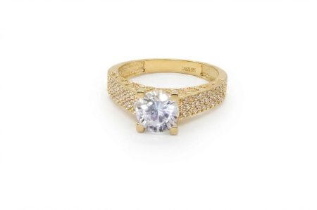 inele de logodna aur 14k - Inel Aur Galben 14K 2.94g | Solitaire cu Șină Lată Pavată cu Zirconii