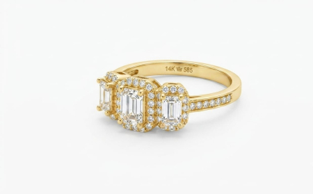 Inele aur 14k - Inel Aur Galben 14K 3.66g | Model Triple Stone Emerald cu Halo Zirconii