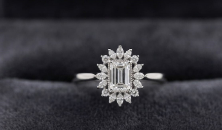inele cu diamant - Inel Balerină din Aur Alb de 14K cu Halo Floral și Mozaic de Diamante Naturale