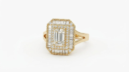 Inele aur 14k - Inel Cocktail Art Deco din Aur Galben 14K cu Mozaic de Zirconiu Emerald-Cut