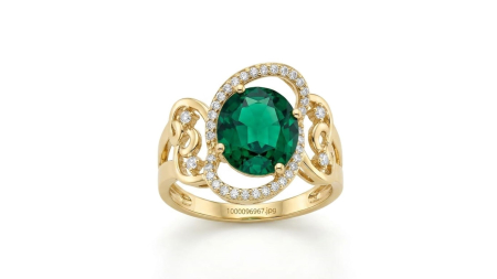 Inele aur 14k - Inel Cocktail Coctail din Aur Galben 14K cu Emerald Chatham și Halo Asimetric