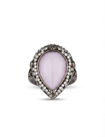 Inel argint 925 - Inel Cocktail din Argint 925 Brunat în Formă de Lacrimă cu Piatră Roz Opal și Zirconii, 8g