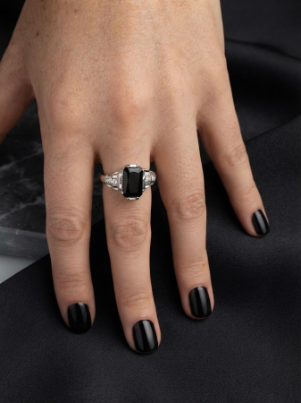 Inel argint 925 - Inel Cocktail din Argint 925 „Noir Vintage” cu Zirconiu Negru Emerald Cut (5.95g) – Eleganță Dramatică și Stil Art Deco