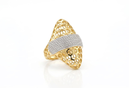 Inele aur 14k - Inel Cocktail din Aur Bicolor 14K cu Model Fagure și Bandă Diagonală Pavé