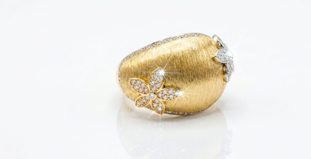 Inele aur 14k - Inel Cocktail din Aur Bicolor 14K cu Textură Satinată și Motive Florale Pavate