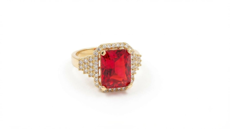 bijuterii aur - Inel Cocktail din Aur Galben 14K cu Rubin Emerald Cut și Umeri Pavé în Trepte – 3.6g