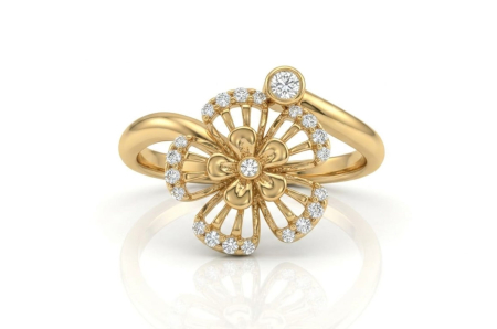Inele aur 14k - Inel Cocktail din Aur Galben 14K Model Floare Tridimensională cu Pavé