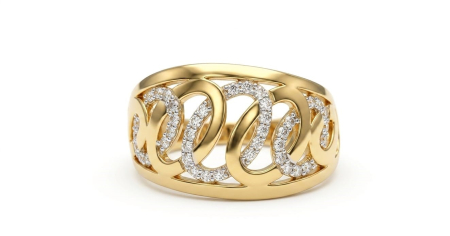 Inele aur 14k - Inel Cocktail Lat din Aur Galben 14K cu Design Dantelat în Zale și Pavaj de Zirconii