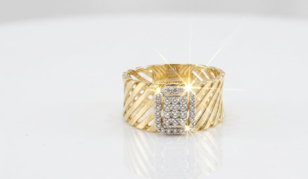 Inele aur 14k - Inel Cocktail Lat din Aur Galben 14K cu Medalion Rectangular Pavat