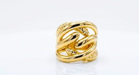 Inele aur 14k - Inel Cocktail Lat din Aur Galben 14K cu Nod Sculptural și Textură Diamantată