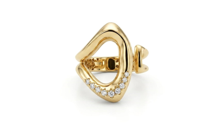 Inele aur 14k - Inel Cocktail Sculptural din Aur Galben 14K cu Linii Organice și Zirconia