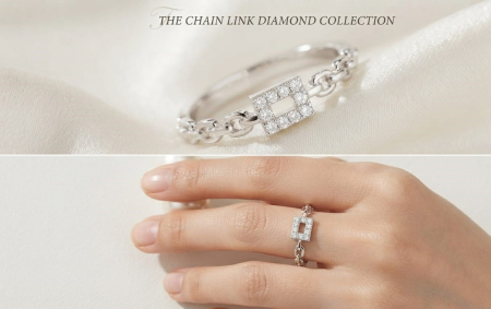 bijuterii diamant - Inel cu Model Lanț din Aur Alb 14K și Medalion Dreptunghiular cu Diamante 0.06 CT – The Chain Link Diamond Collection