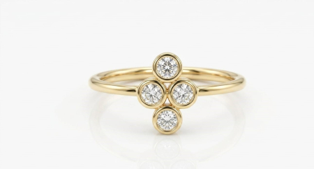 Inele aur 14k - Inel Dainty din Aur Galben 14K cu Model Geometric Clasic și Patru Zirconii