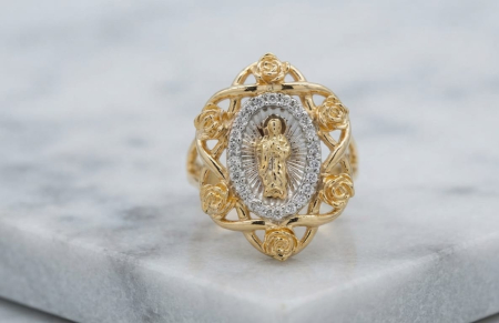 Inele aur 14k - Inel Dama din Aur Galben 14K, Model Fecioara Maria cu Trandafiri filigranati și Zirconiu, 4.34g