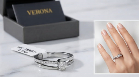 bijuterii diamant - Inel de Logodnă din Aur Alb 14K Asimetric cu Pavaj și Diamant Central 0.22 CT – Verona Elegance