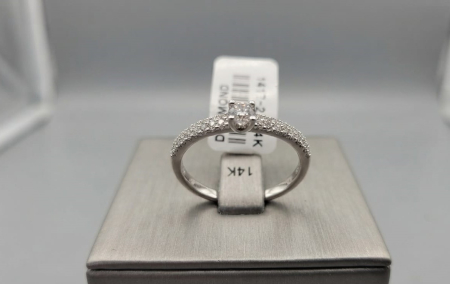 inele cu diamant - Inel de Logodnă din Aur Alb 14K cu Diamant Central și Șină Pavată Multi-Row 0.24 ct