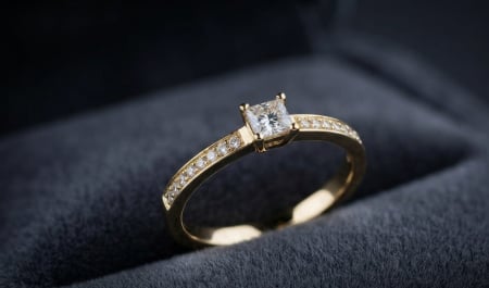 bijuterii diamant - Inel de Logodnă din Aur Galben 14K cu Diamant Central Princess și Pavaj de Diamante