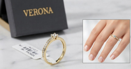bijuterii diamant - Inel de Logodnă din Aur Galben 14K cu Diamant Central și Bandă Pavată 0.29 CT – Verona Elegance