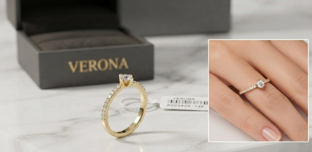 bijuterii diamant - Inel de Logodnă din Aur Galben 14K cu Diamant Central și Pavaj 0.20 CT – Verona Elegance