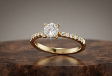 inele cu diamant - Inel de Logodnă din Aur Galben 14K cu Diamant Central și Șină Pavată 0.24 ct