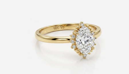 inele de logodna aur 14k - Inel de Logodnă din Aur Galben 14K cu Piatră Tăietură Marquise și Halo Vintage