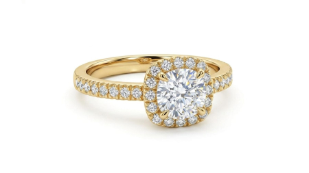 inele de logodna aur 14k - Inel de Logodnă din Aur Galben 14K „Royal Cushion Halo” – Cu Pavaj Complet și Cristal Brilliant