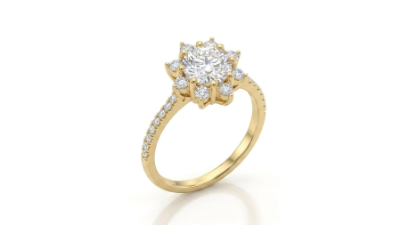 inele de logodna aur 14k - Inel de Logodnă din Aur Galben cu Design Floral Halo și Bandă Pavată