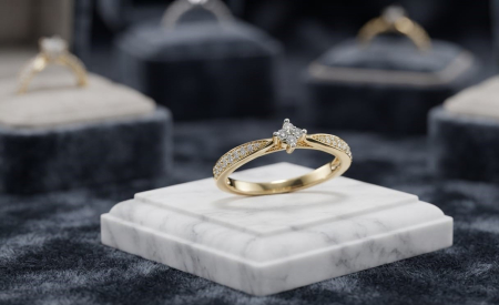 inele cu diamant - Inel de Logodnă din Aur Galben de 14K cu Diamante în Formație Florară – Strălucire și Finețe