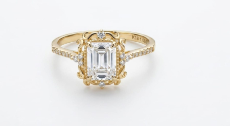 inele de logodna aur 14k - Inel de Logodnă din Aur  „Vintage Emerald Empress” – Cu Cristal Emerald, Montură Filigranată și Pavaj Fin
