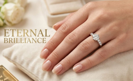 inele de logodna aur 14k - Inel de Logodnă „Eternal Brilliance” din Aur galben Rotund și Bandă Pavată