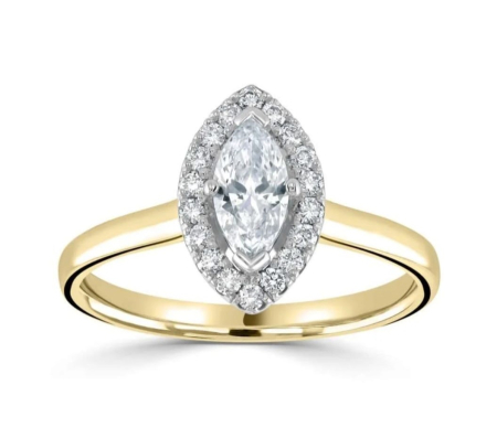 Diamante de laborator - Inel de Logodnă Halo din Aur Galben și Alb 9K cu Diamant de Laborator Marquise 0.50ct