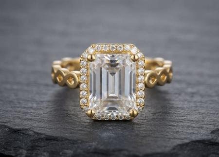 Inele aur 14k - Inel de Logodnă Royal Halo din Aur Galben 14K cu Piatră Emerald Cut și Detalii Infinit