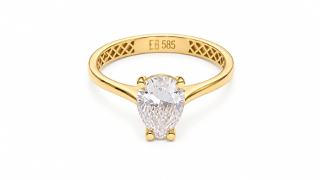 inele de logodna aur 14k - Inel de Logodnă Solitar din Aur Galben 14K cu Piatră Pară – Eleganță și Detalii Ascunse