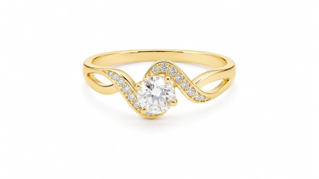 inele de logodna aur 14k - Inel de Logodnă Wave din Aur Galben 14K cu Zirconiu – Eleganță în Linii Fluide