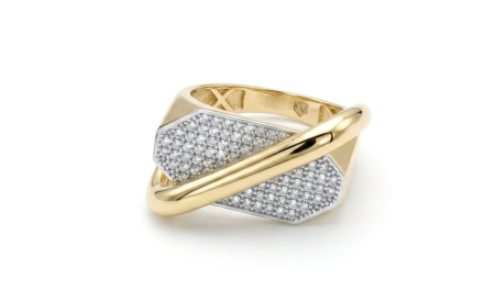 Inele aur 14k - Inel de Lux din Aur Bicolor 14K cu Design Sculptural și Pavaj de Cristale