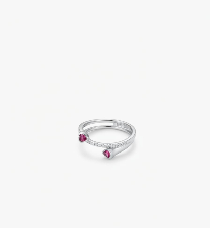 Inel argint 925 - Inel Deschis din Argint 925 cu Două Inimi Roz și Zirconiu – Colecția Twin Hearts