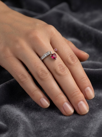 Inel argint 925 - Inel Deschis din Argint 925 Dangle Heart cu Zirconiu Roșu Rubiniu și Cristale Albe