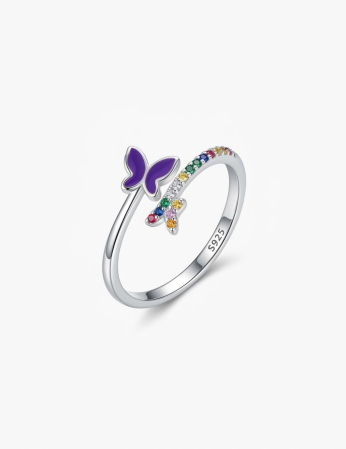 Bijuterii argint 925 - Inel Deschis din Argint 925 Rodiat cu Fluture Violet și Zirconiu Multicolor – Jucăuș și Plin de Viață