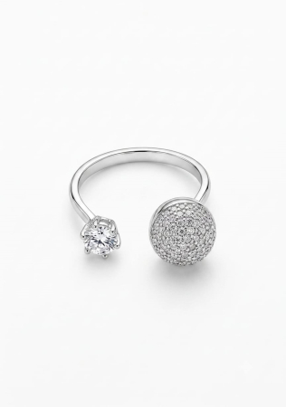 Bijuterii argint 925 - Inel Deschis din Argint 925 Rodiat cu Sferă Pavată și Solitar – Design Avangardist și Strălucire Absolută