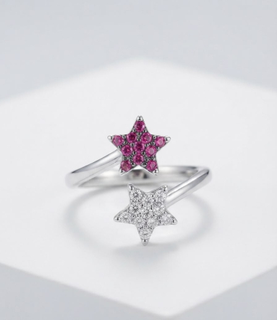 Inel argint 925 - Inel deschis din Argint 925 „Starlight Duo” - Cu Două Stele Pavate cu Zirconiu Roz și Alb