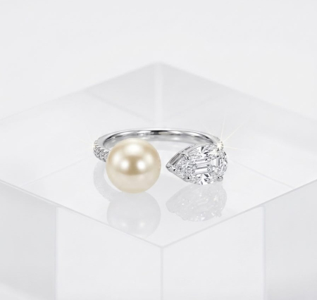 Inel argint 925 - Inel deschis din Argint 925 „Toi et Moi Pearl & Cluster” - Cu Perlă Naturală și Compoziție de Cristale