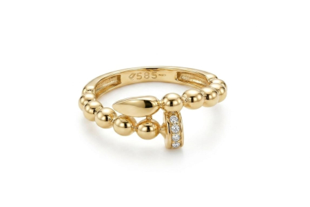 Inele aur 14k - Inel deschis din Aur Galben de 14K în Stil Cui cu Bandă Sferică și Zirconii